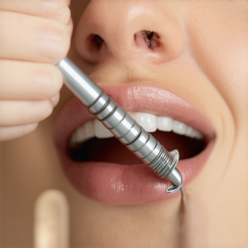 A dentist carefully adjusting a patient's filling to correct its height during a routine check.