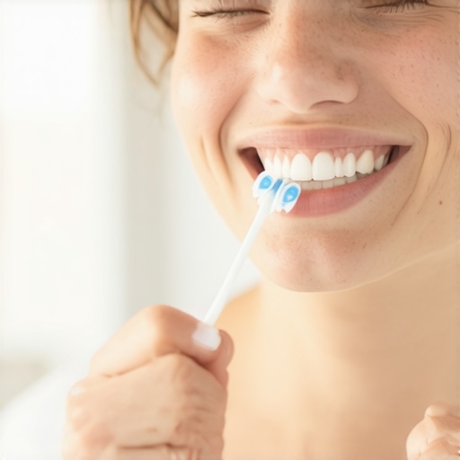 A person gently brushing their teeth in the mirror to promote gum health