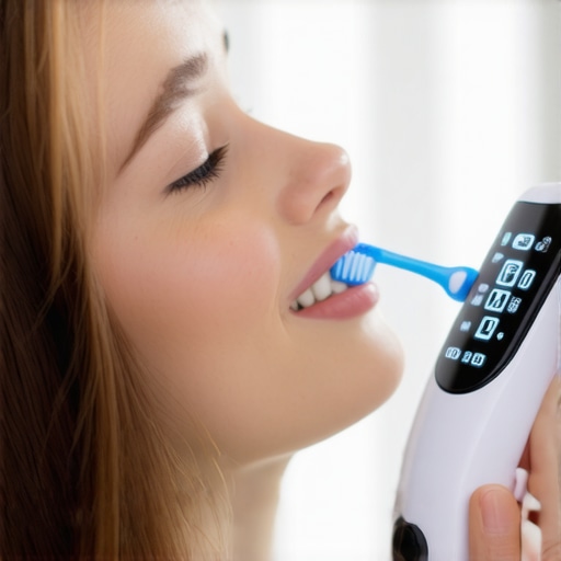 Enhance Your Dental Routine with Smart Tools Person brushing teeth with ultrasonic toothbrush and digital monitor demonstrating oral health tracking