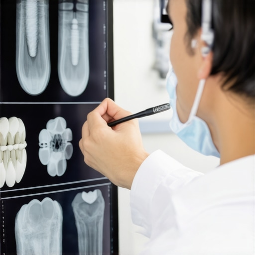 Expert Digital Dental Analysis Dentist analyzing digital X-ray of dental implants and veneers
