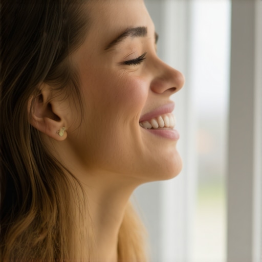 Person gently stretching their jaw muscles in a comfortable home setting.