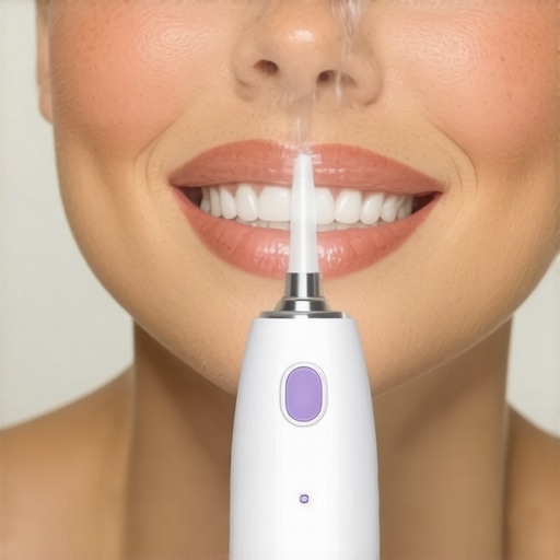 Maintaining Dental Health with Water Flossing Person demonstrating water flossing technique to support long-term dental restorations.