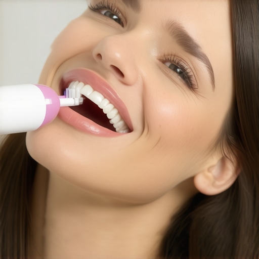 Modern dental maintenance tools in action Person brushing teeth with an electric toothbrush and using a water flosser to clean around dental implants and veneers.