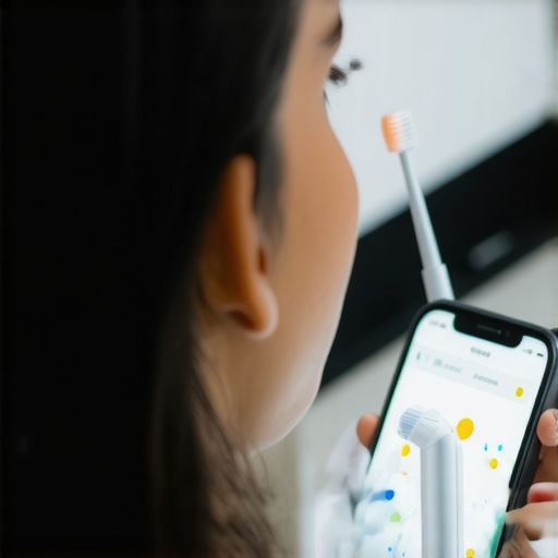 A person brushing teeth with an advanced electric toothbrush while monitoring progress on a mobile app.