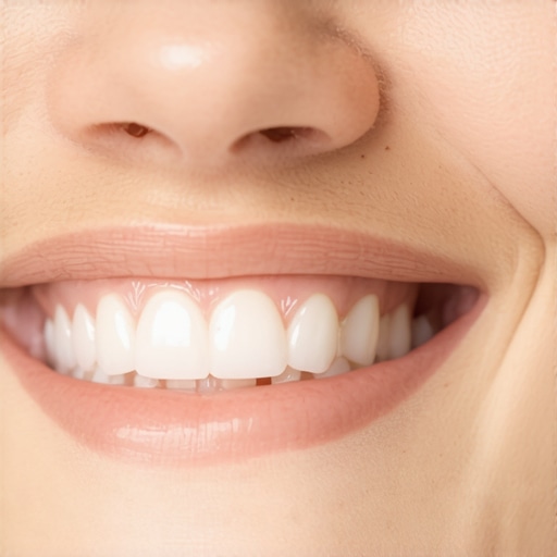 A radiant smile with natural-looking teeth Close-up of a person's smile showing healthy teeth with slight translucency at the edges.
