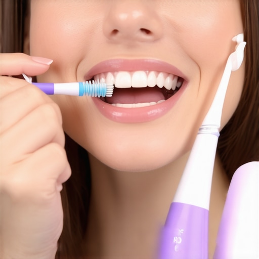 Advanced Dental Maintenance Tools in Action A person using ultrasonic cleaner and Water Flosser to care for their cosmetic dental work at home.