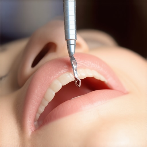 Applying Dental Veneer for a Perfect Smile Dental professional fitting a veneer onto a patient's tooth during a cosmetic procedure.