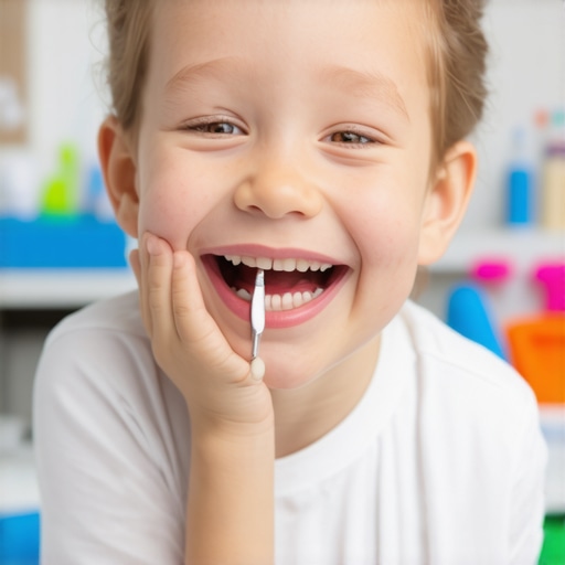 Happy child sitting in dental chair with parent in waiting room, friendly dentist in background