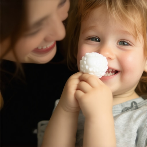 A toddler enjoying a chilled teething toy while a parent gently applies a cold compress to their gums