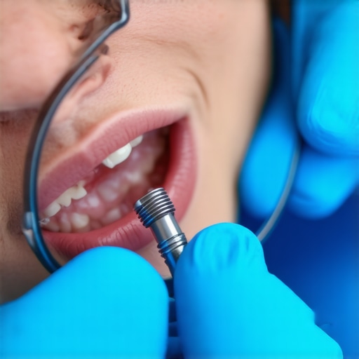 Dentist inspecting gums around dental implant using mirror and light.