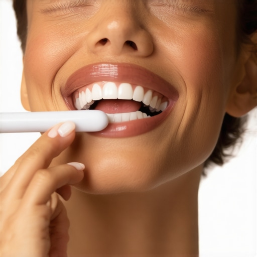 Effective Brushing Technique for Whitening Maintenance Person brushing teeth with a soft toothbrush in a well-lit bathroom.