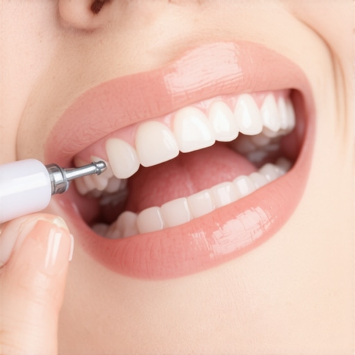 Effective Dental Maintenance with Water Flosser Person cleaning around dental implants and veneers using a water flosser for optimal oral health.