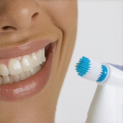 Person using ultrasonic toothbrush on teeth with clean, healthy gums