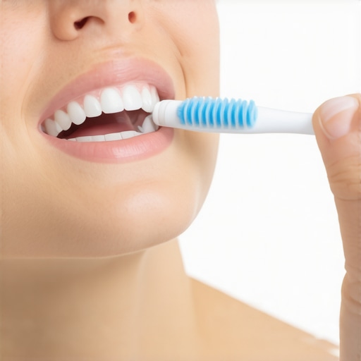 Person using a soft toothbrush to gently clean teeth in the bathroom