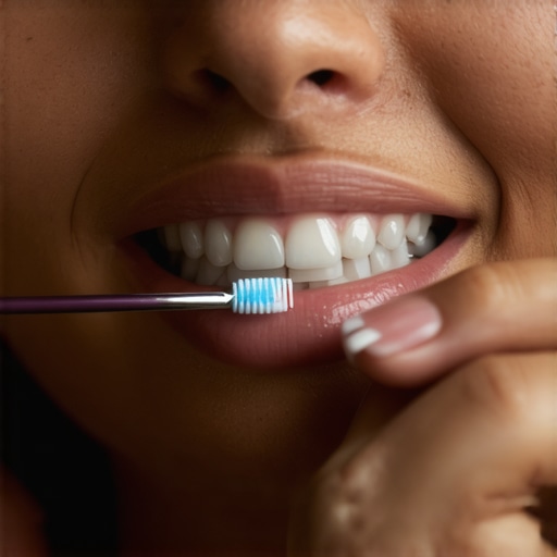 Person carefully cleaning teeth with an interdental brush, demonstrating proper technique