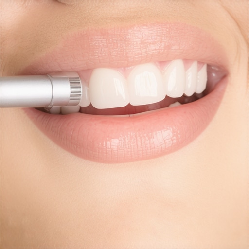 An ultrasonic dental cleaning device performing routine cleaning on a patient