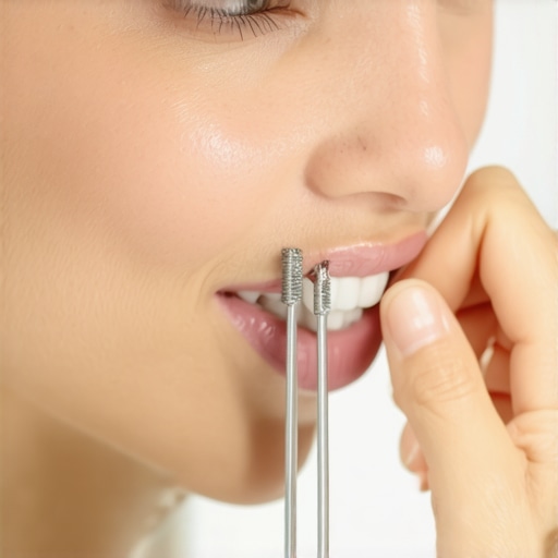 Person examining their dental implant site in the mirror for signs of issues.