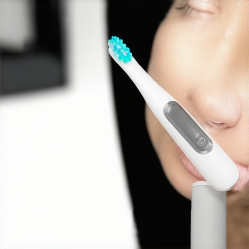 Modern Electric Toothbrush with Digital Feedback Person brushing teeth with an advanced electric toothbrush showing a digital interface.