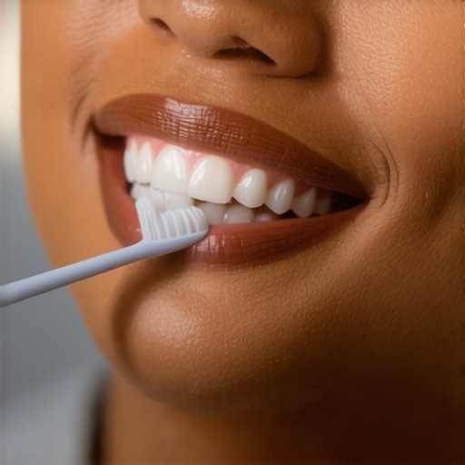 Individual gently brushing dental veneers with a soft toothbrush
