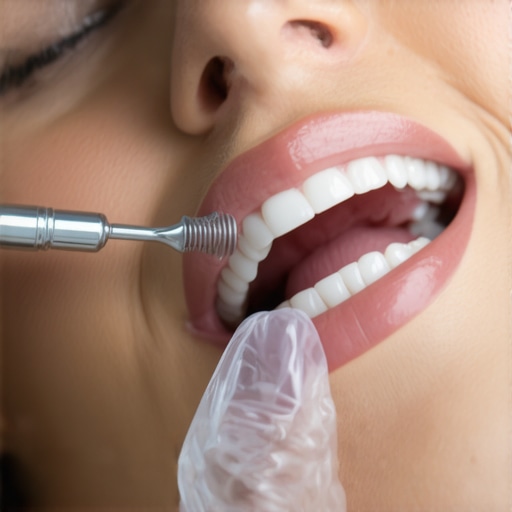 Dental professional fitting a custom whitening tray into a patient's mouth for even teeth whitening
