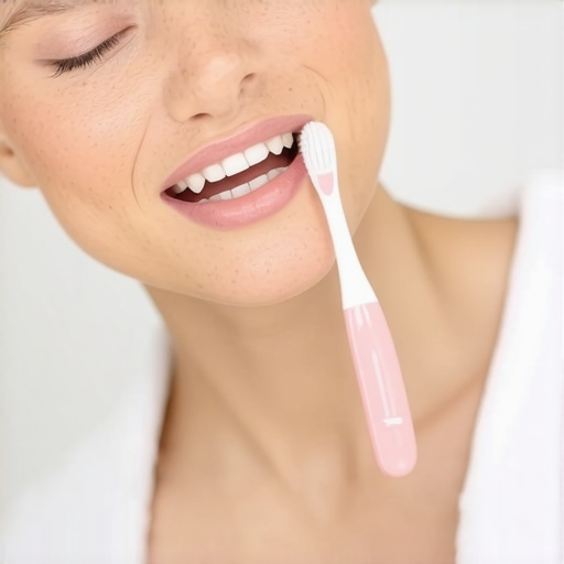 Person demonstrating gentle circular brushing with a soft toothbrush