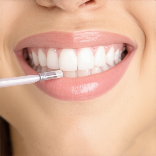 Person gently cleaning between teeth with interdental brush