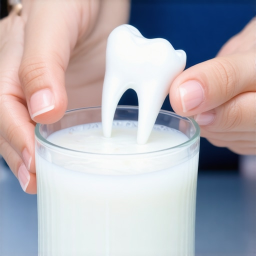 A knocked-out tooth stored in milk for preservation during travel dental emergency.