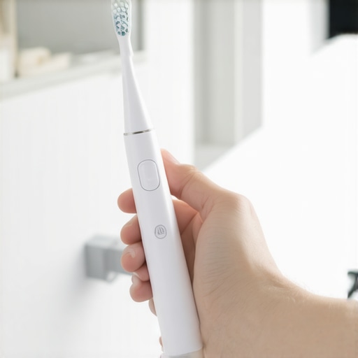 Ultrasonic toothbrush for dental maintenance A person's hand using an ultrasonic toothbrush on their teeth in a clean bathroom.