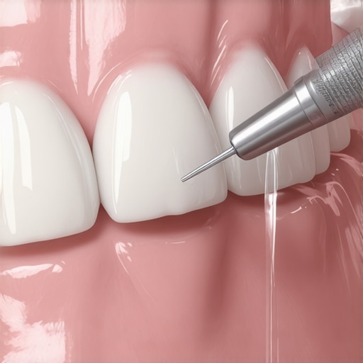 Using Ultrasonic Scaler for Dental Maintenance A dentist's hand using an ultrasonic scaler to gently clean around dental crowns and veneers.