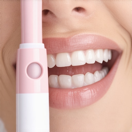 Using a water flosser for dental restoration maintenance Close-up of a hand holding a water flosser around dental restorations
