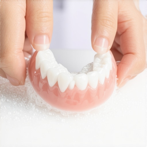 Actionable steps for safe denture cleaning Denture cleaning over a water-filled sink to prevent breakage