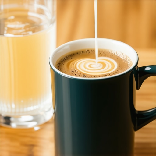 A splash of milk being poured into a tea cup next to a glass of water to illustrate dental protection.