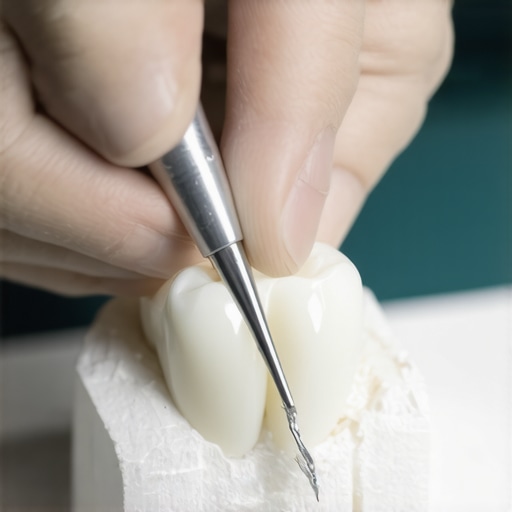 Adding texture to a porcelain veneer Dental technician adding realistic micro-morphology to a porcelain veneer