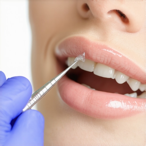 Adjusting a dental bridge for facial symmetry A dentist refining the porcelain of a dental bridge to improve the patient's lip support and facial appearance.