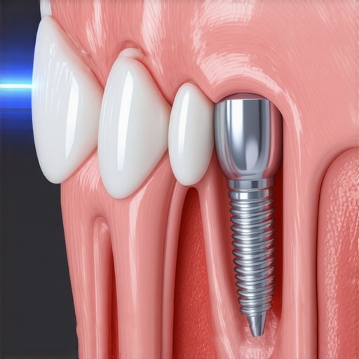 Professional 3D imaging showing the structural integration of a dental implant in the jawbone.