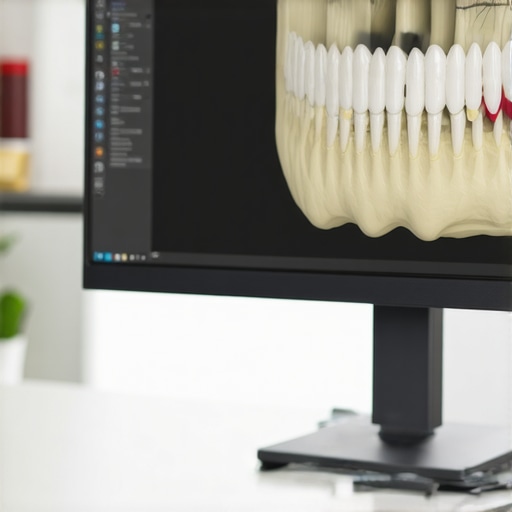 Advanced 3D Dental CBCT Imaging A 3D dental scan showing jawbone density and structure used to plan a dental implant procedure.