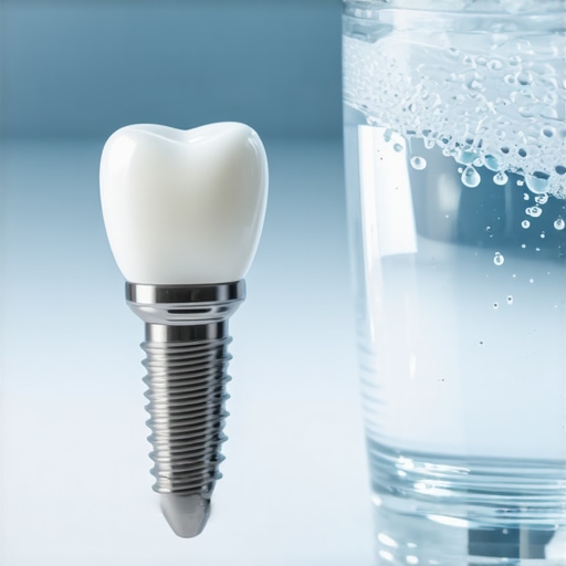 Close-up of a dental implant and a glass of mineral water illustrating oral health maintenance.