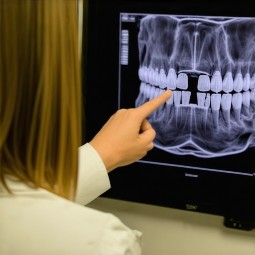 Dentist explaining 3D jawbone scan for dental implant success.