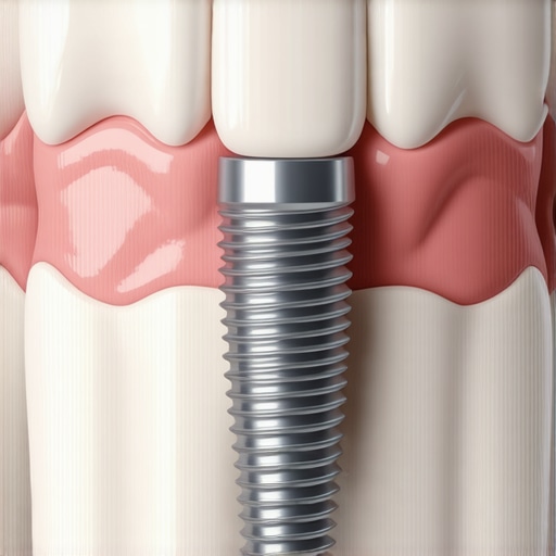 Close-up of a dental implant and healthy gum tissue illustrating long-term oral health success.