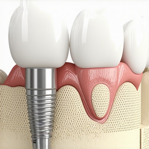 Advanced Dental Implant Structure and Integration A high-quality medical illustration of a dental implant showing the crown and jawbone foundation.