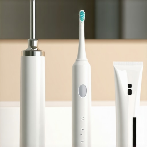Advanced Dental Maintenance Tools High-end electric toothbrush and water flosser on a bathroom counter