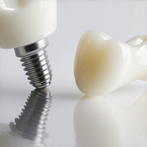 Close-up of porcelain veneers and dental implant showing material texture and light translucency