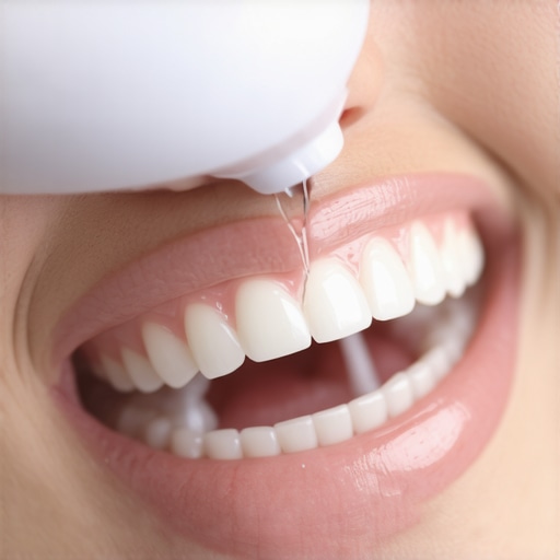 Advanced Home Care for Dental Restorations A person using a water flosser to maintain the margins of porcelain veneers.