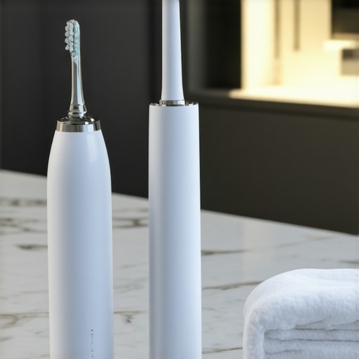 High-tech dental tools including a sonic toothbrush and water flosser for veneer and implant care.