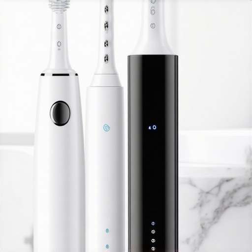 Advanced Oral Hygiene Tools for Restorative Care A sonic toothbrush and water flosser representing advanced maintenance for dental implants and veneers.