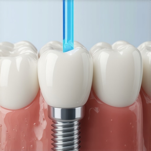 Advanced Tools for Dental Implant Maintenance A professional water flosser cleaning a dental implant bridge.