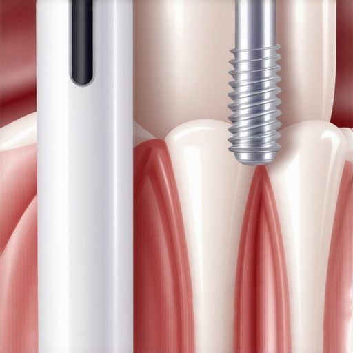 Close-up of a water flosser cleaning a dental implant
