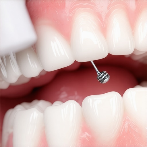 Advanced Water Flossing for Dental Implants A specialized water flosser tip cleaning a dental implant crown effectively.