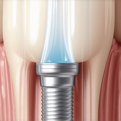 Advanced Water Flossing for Dental Implants A water flosser cleaning the gap between a dental implant and the gums.