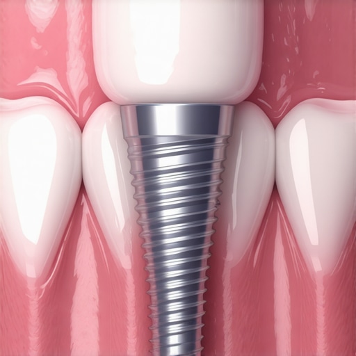 3D medical illustration of a dental implant showing osseointegration and surrounding gum tissue health.